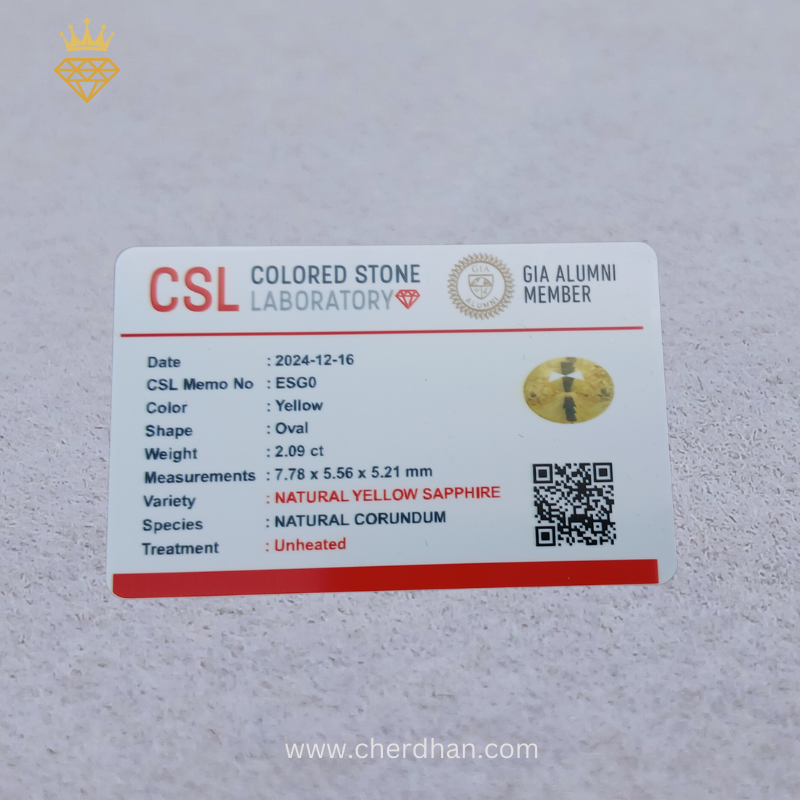 Certificate Yellow Sapphire Loose Stone, 2.09 Carats